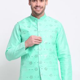KRAFT INDIA Men Sea Green Silk Mirror Work Jacket-35