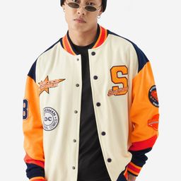 The Souled Store Superman: Man of Steel Printed Lightweight Stand Collar Varsity Jacket-image-10