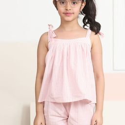 Biglilpeople Kids Pink Checked Pure Cotton Shoulder Straps Top with Shorts-image-78