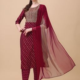 Berrylicious Women Maroon Leheriya Chanderi Cotton Kurta with Trousers & Dupatta-image-16