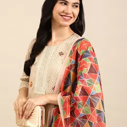 SHOWOFF Women Cream-Coloured Printed Sequinned Chanderi Cotton Kurta with Palazzos & With Dupatta-picture-5