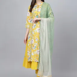 KALINI Floral Printed Layered Tie Up Neck Pure Cotton Kurta With Trousers & Dupatta-image-51