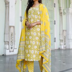 PHEETA Women Yellow Floral Printed Pure Cotton Kurta with Trousers & With Dupatta-39