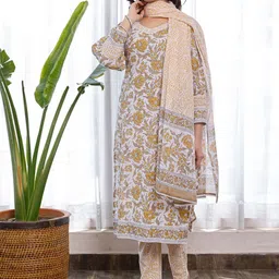 PHEETA Women White &  Mustard Yellow Printed Straight Kurta with Trousers & With Dupatta-picture-6