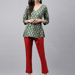 Janasya Ethnic Motifs Foil Printed Wrap Ethnic Top with Trousers-picture-19