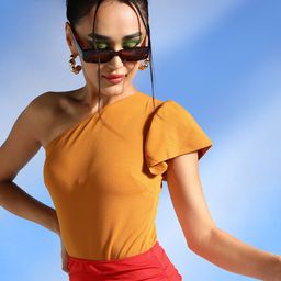 Veni Vidi Vici Mustard Frilled One Shoulder Bodysuit-image-83