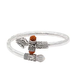 bodha Men Brown Oxidized Rudraksha Damru Trishul Shiva Silver-Plated Kada Bracelet-1