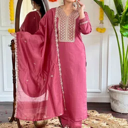 HERE&NOW Women Embroidered Regular Thread Work Chanderi Silk Kurta with Trousers & With Dupatta-picture-17