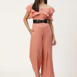 WoowZerz Women Peach-Coloured Slim Fit Off-Shoulder Layered Solid Basic Jumpsuit-picture-20