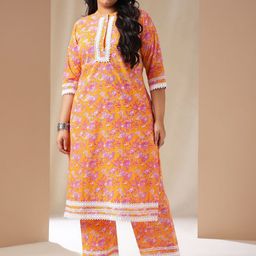 Janasya Plus Size Floral Printed Regular Pure Cotton Straight Kurta with Palazzos-5