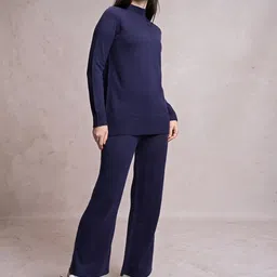 Tokyo Talkies Navy Blue High Neck Sweater With Flared Trouser Co-Ords-image-62