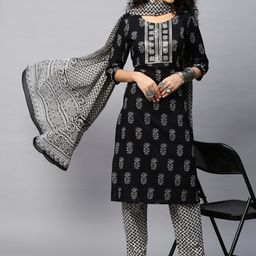 INDYES Women Black Floral Printed Sequinned Pure Cotton Kurta with Trousers & With Dupatta-picture-15