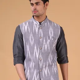 SHIWAM ETHNIX Ikat Printed Cotton Nehru Jacket-16