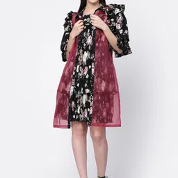 LELA Women Floral Printed Longline Organza Open Front Shrug-53