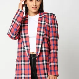 Remanika Women Red Checked Cotton Open Front Jacket-9