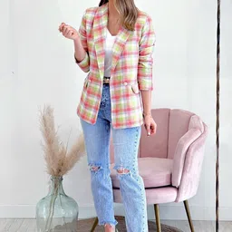 StyleCast Pink Checked Longline Tailored Jacket-image-95
