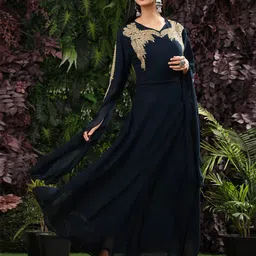 Ziva Fashion Women Blue Yoke Design Flared Sleeves Thread Work Georgette Anarkali Kurta-picture-9