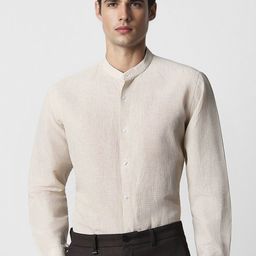 Van Heusen Checked Mandarin Collar Linen Cotton Formal Shirt-image-15