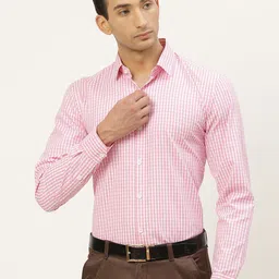 SOJANYA Men Pink & White Pure Cotton Classic Checked Formal Shirt-image-39