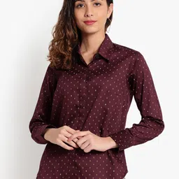 Indietoga Women Plus Size Burgundy Printed Slim Fit Cotton Formal Shirts-image-55