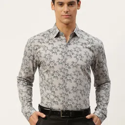 SOJANYA Men Grey & Black Classic Fit Floral Printed Pure Cotton Formal Shirt-image-67