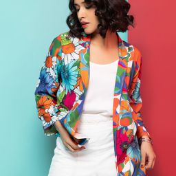 Rhe-Ana Floral Printed Lapel Collar Open Front Jacket-8