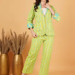 KALINI Printed Pure Cotton V Neck Blazer With Trousers Co-Ords Set-image-95
