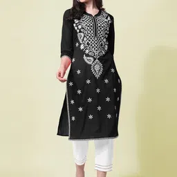 KALINI Ethnic Motifs Embroidered Round Neck Three-Quarter Sleeves Pure Cotton Kurta Set-picture-3