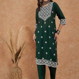 Sangria Floral Embroidered Pure Cotton Straight Kurta With Trouser-42