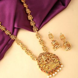 Yellow Chimes Woman Gold Plated Traditional Stone Studded Antique Jewellery Set-34