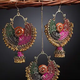 Arrabi Gold-Toned & Pink Oxidised Maang Tika & Earrings Set-46