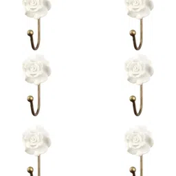 IndianShelf White 6 Pieces Ceramic Rose Flower Key Hooks Door Hangers for Clothes-17