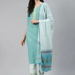 Silai Bunai Women Sea Green Printed Regular Gotta Patti Pure Cotton Kurta with Trousers & With Dupatta-picture-4