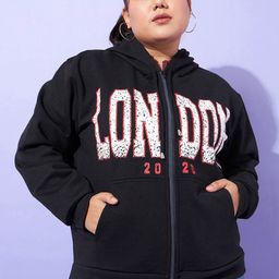 SASSAFRAS Curve Plus Size Typography Printed Mock Collar Faux Fleece Bomber Jacket-7