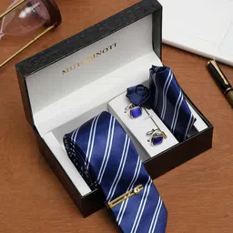 MUTAQINOTI Men Striped Dark Blue Silk Blend Necktie Accessory Gift Set-image-57
