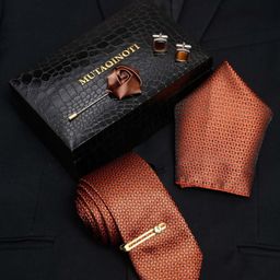 MUTAQINOTI Men Floral Brown Silk Necktie Accessory Gift Set-image-75
