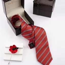 The Tie Hub Men Striped Tie With  Flower Lapel Pin Accessory Gift Set-image-66