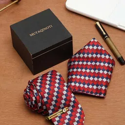 MUTAQINOTI Set Of 3 Checks Red Silk Necktie Accessory Gift Set-19