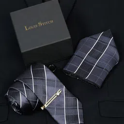 LOUIS STITCH Men Checked Silk Accessory Gift Set-image-68