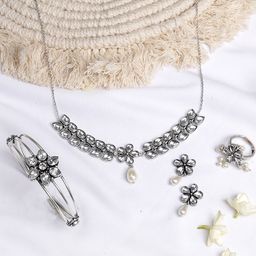 TEEJH Oxidised Silver-Toned & White Stone Studded Jewellery Set-picture-7