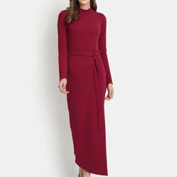 Golden Kite Mock Neck Sheath Midi Dress With Belt-picture-56