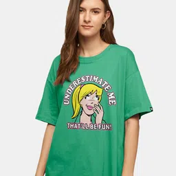 The Souled Store Women Green & Yellow Printed Drop-Shoulder Sleeves Pure Cotton Oversized T-shirt-image-59
