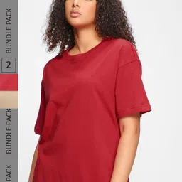 Bewakoof Red and Beige Pack Of 2 Cotton Oversize Fit T-shirt-25