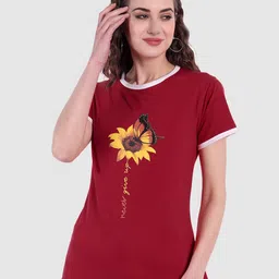 CHOZI Women Maroon & Yellow Floral Printed Bio Finish T-shirt-image-57