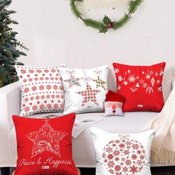 Indigifts Set Of 5 Red & White Printed Square Cushions-16