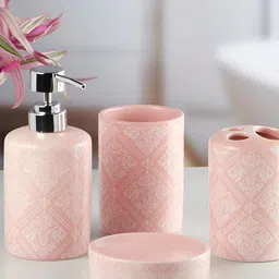 Kookee Pink & White 4 pieces Abstract Ceramic Bath Accessories Set image 1