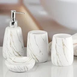 Kookee White 4 Pieces Abstract Ceramic Bath Accessories Set image 4