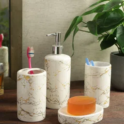 House Of Accessories White & Gold Toned 4 Pieces Printed Ceramic Bath Accessories Set-image-81