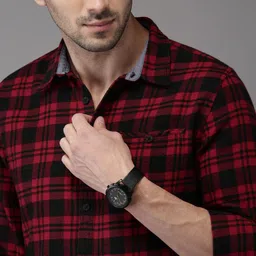 HERE&NOW Men Red & Black Checked Pure Cotton Sustainable Casual Shirt-image-28