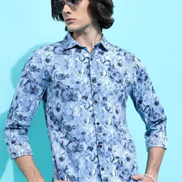 HIGHLANDER Blue Slim Fit Abstract Printed Cotton Casual Shirt-image-52